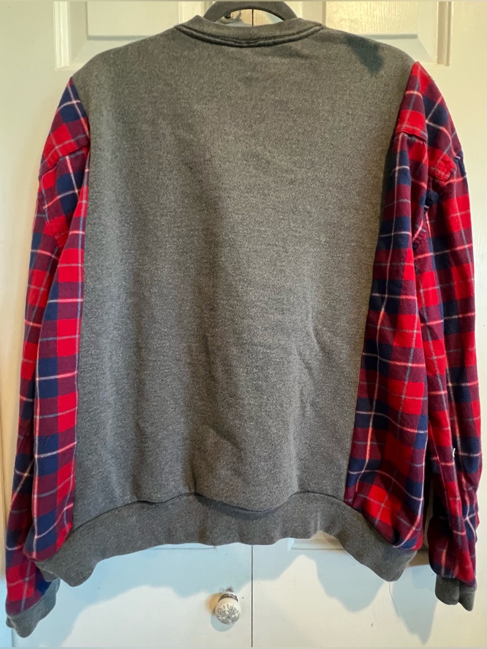 Upcycled❤️VOTE💙 Pullover Gray Sweatshirt with Plaid Flannel Sleeves - Picture 5 of 5